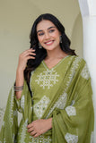 Green Ethnic Motif Print Cotton A-line Suit Set with Palazzos and Dupatta