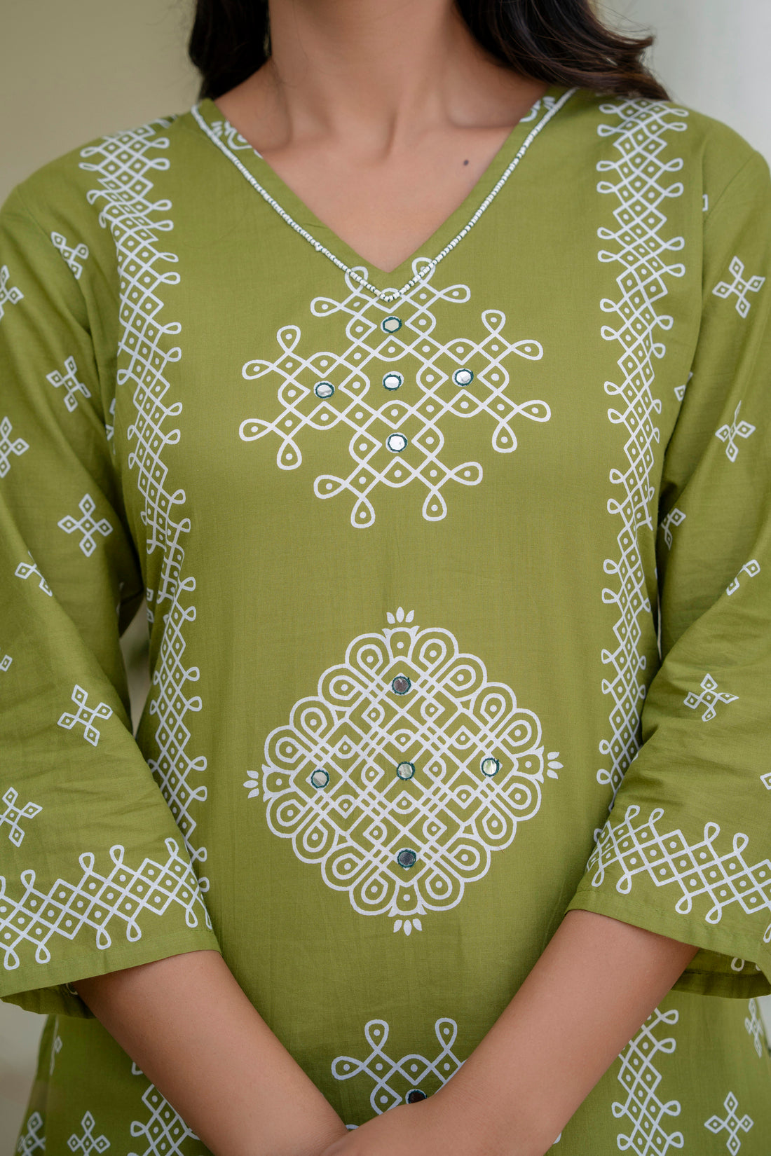 Green Ethnic Motif Print Cotton A-line Suit Set with Palazzos and Dupatta