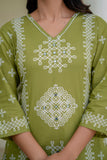Green Ethnic Motif Print Cotton A-line Suit Set with Palazzos and Dupatta