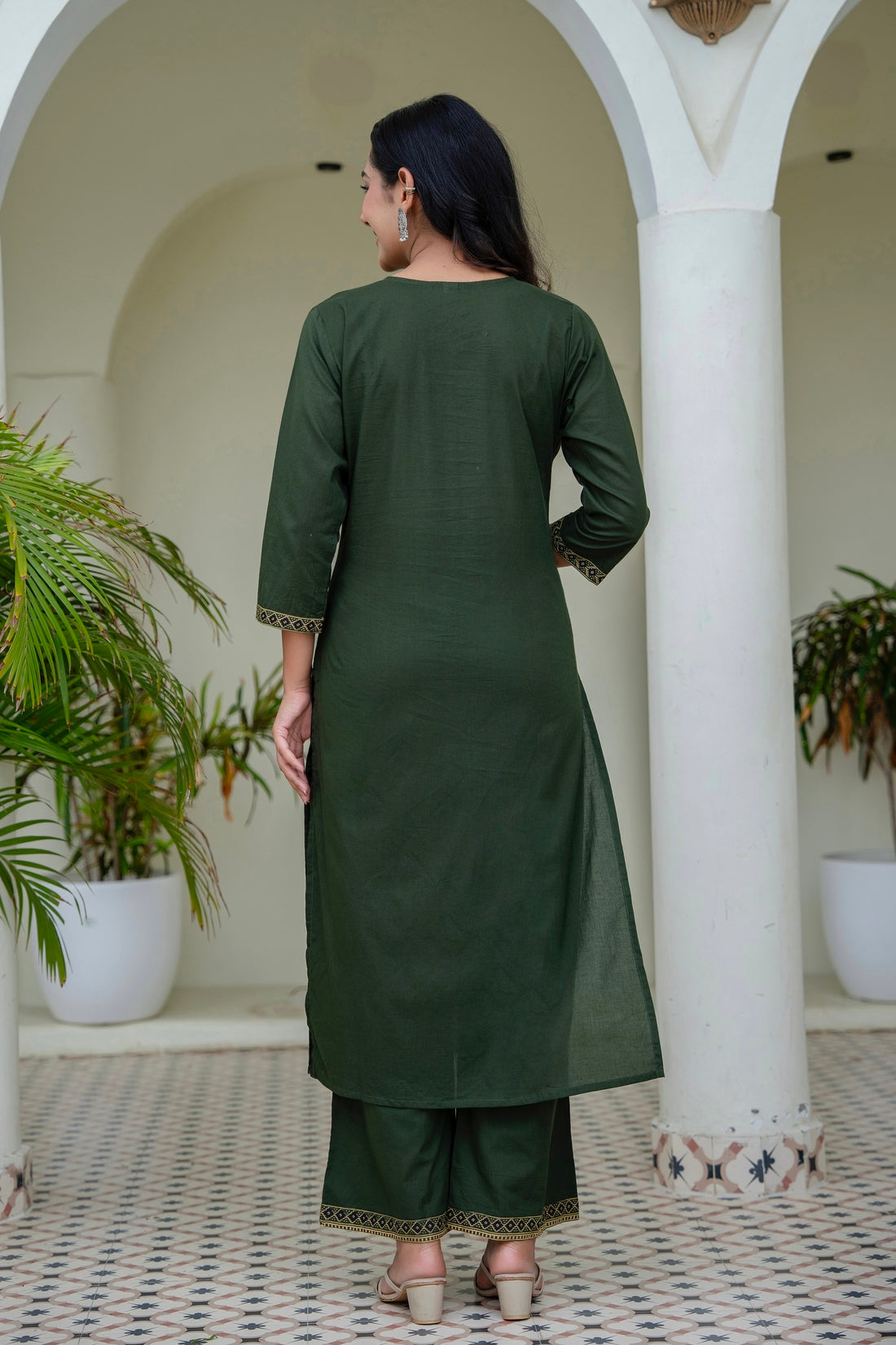 Deep Green Solid Kurta Set with Yoke Design with Palazzos and Printed Dupatta