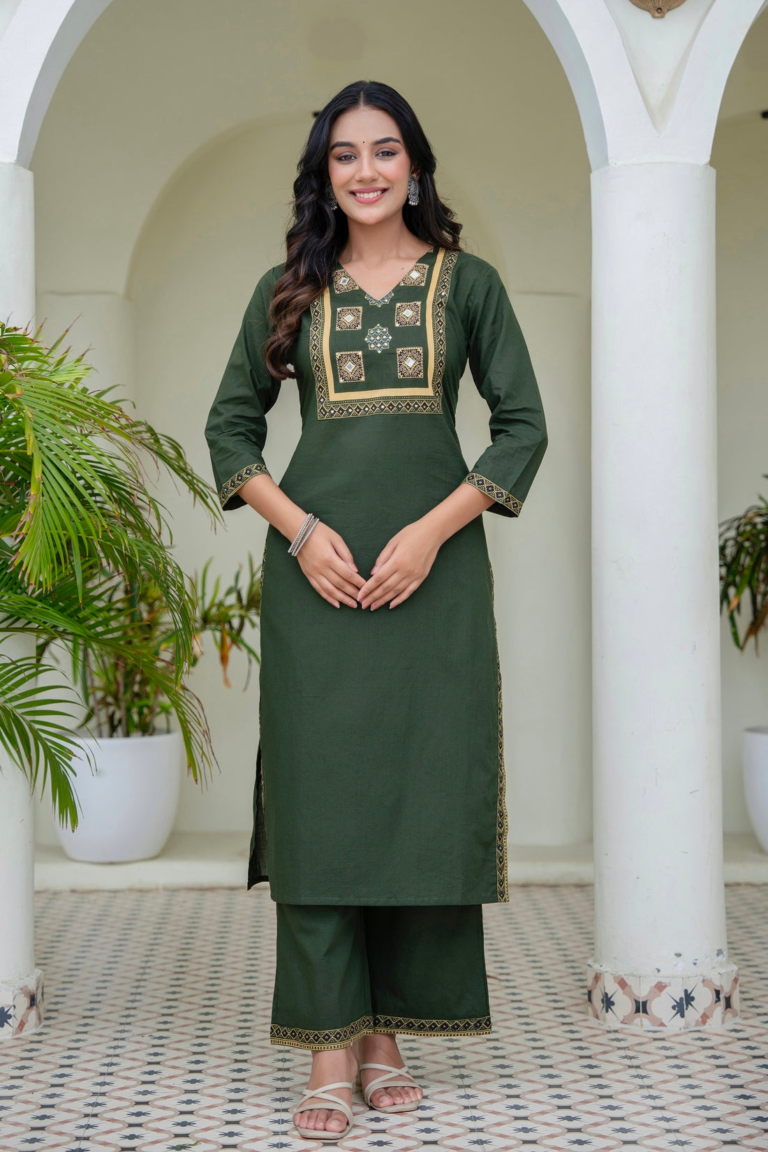 Deep Green Solid Kurta Set with Yoke Design with Palazzos and Printed Dupatta