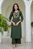 Deep Green Solid Kurta Set with Yoke Design with Palazzos and Printed Dupatta