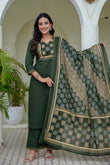 Deep Green Solid Kurta Set with Yoke Design with Palazzos and Printed Dupatta