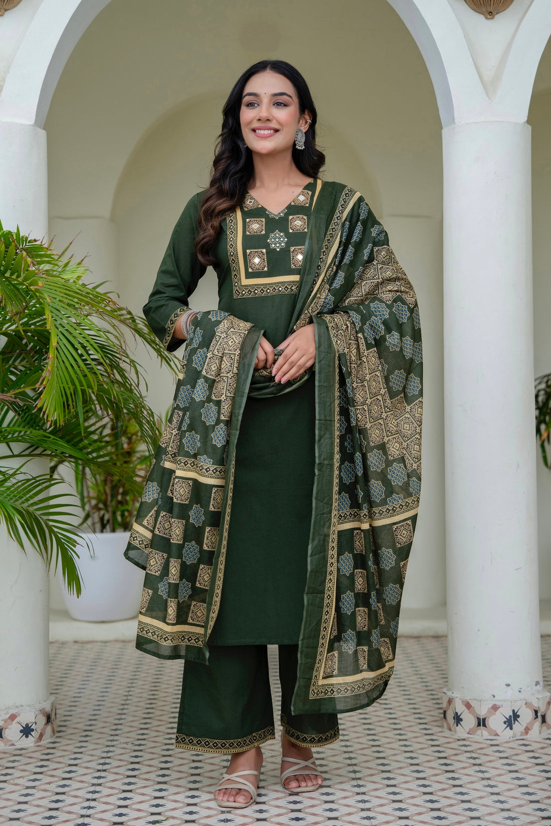 Deep Green Solid Kurta Set with Yoke Design with Palazzos and Printed Dupatta