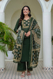 Deep Green Solid Kurta Set with Yoke Design with Palazzos and Printed Dupatta
