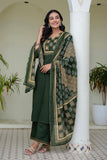Deep Green Solid Kurta Set with Yoke Design with Palazzos and Printed Dupatta