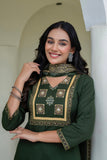 Deep Green Solid Kurta Set with Yoke Design with Palazzos and Printed Dupatta