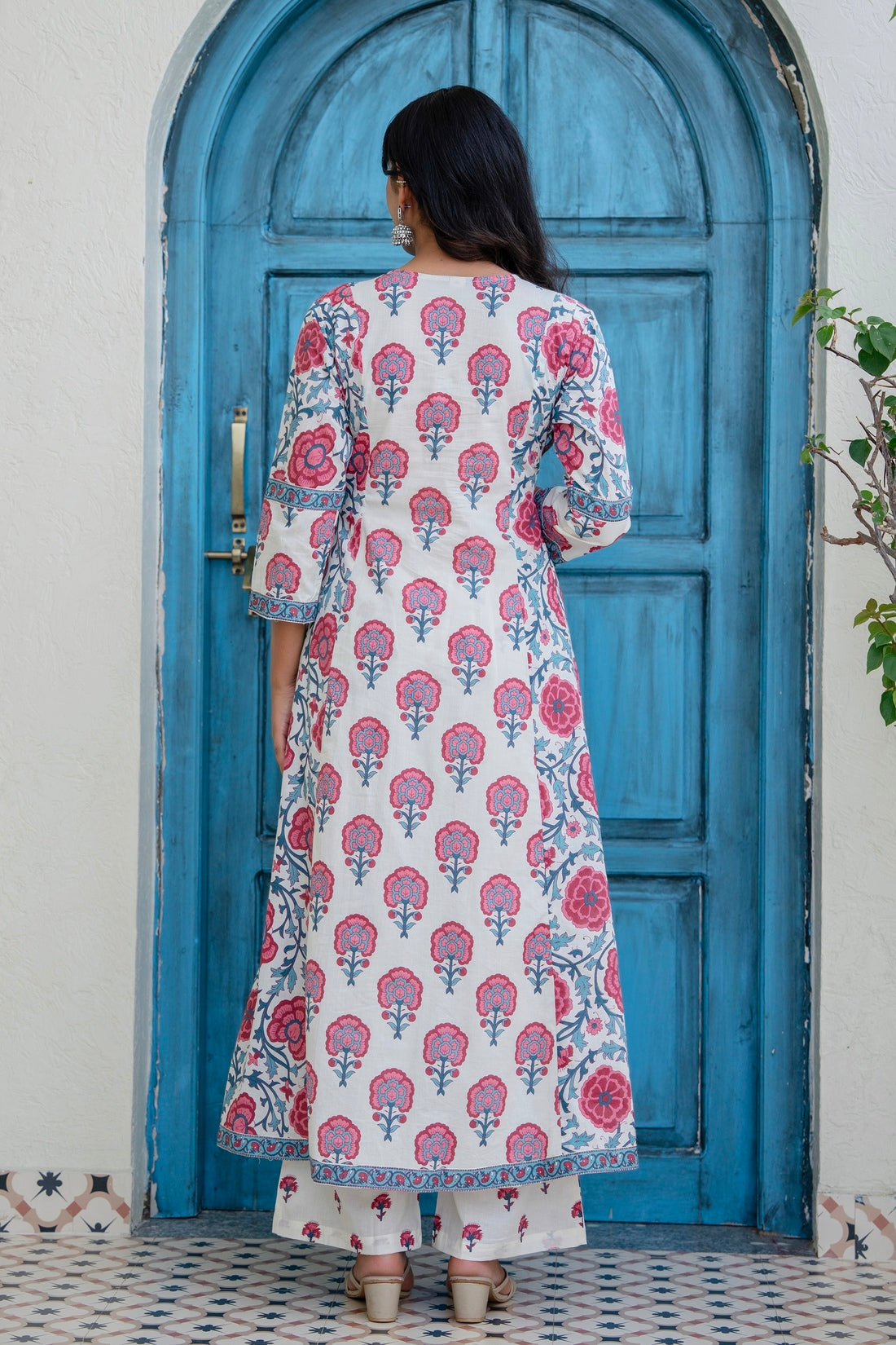 Off white with Pink Floral Print Anarkali Suit Set with Palazzos and Dupatta