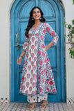 Off white with Pink Floral Print Anarkali Suit Set with Palazzos and Dupatta