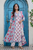 Off white with Pink Floral Print Anarkali Suit Set with Palazzos and Dupatta