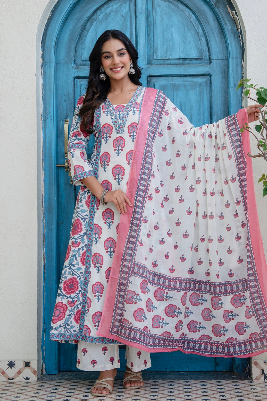 Off white with Pink Floral Print Anarkali Suit Set with Palazzos and Dupatta