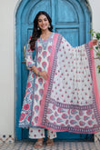 Off white with Pink Floral Print Anarkali Suit Set with Palazzos and Dupatta