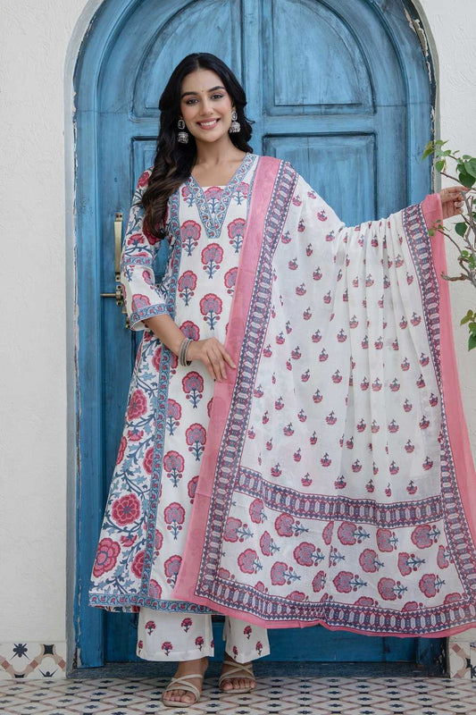 Off white with Pink Floral Print Anarkali Suit Set with Palazzos and Dupatta
