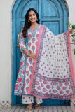 Off white with Pink Floral Print Anarkali Suit Set with Palazzos and Dupatta