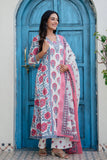 Off white with Pink Floral Print Anarkali Suit Set with Palazzos and Dupatta