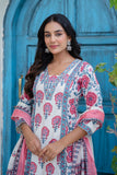 Off white with Pink Floral Print Anarkali Suit Set with Palazzos and Dupatta