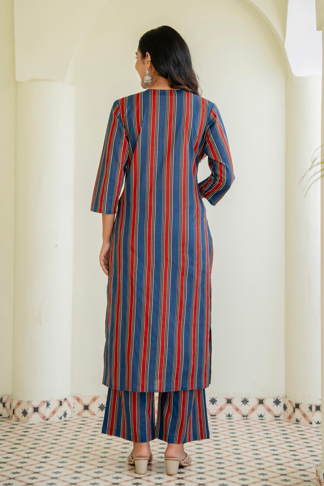 Blue and Red Stripes Kurta Set with Palazzos and Dupatta