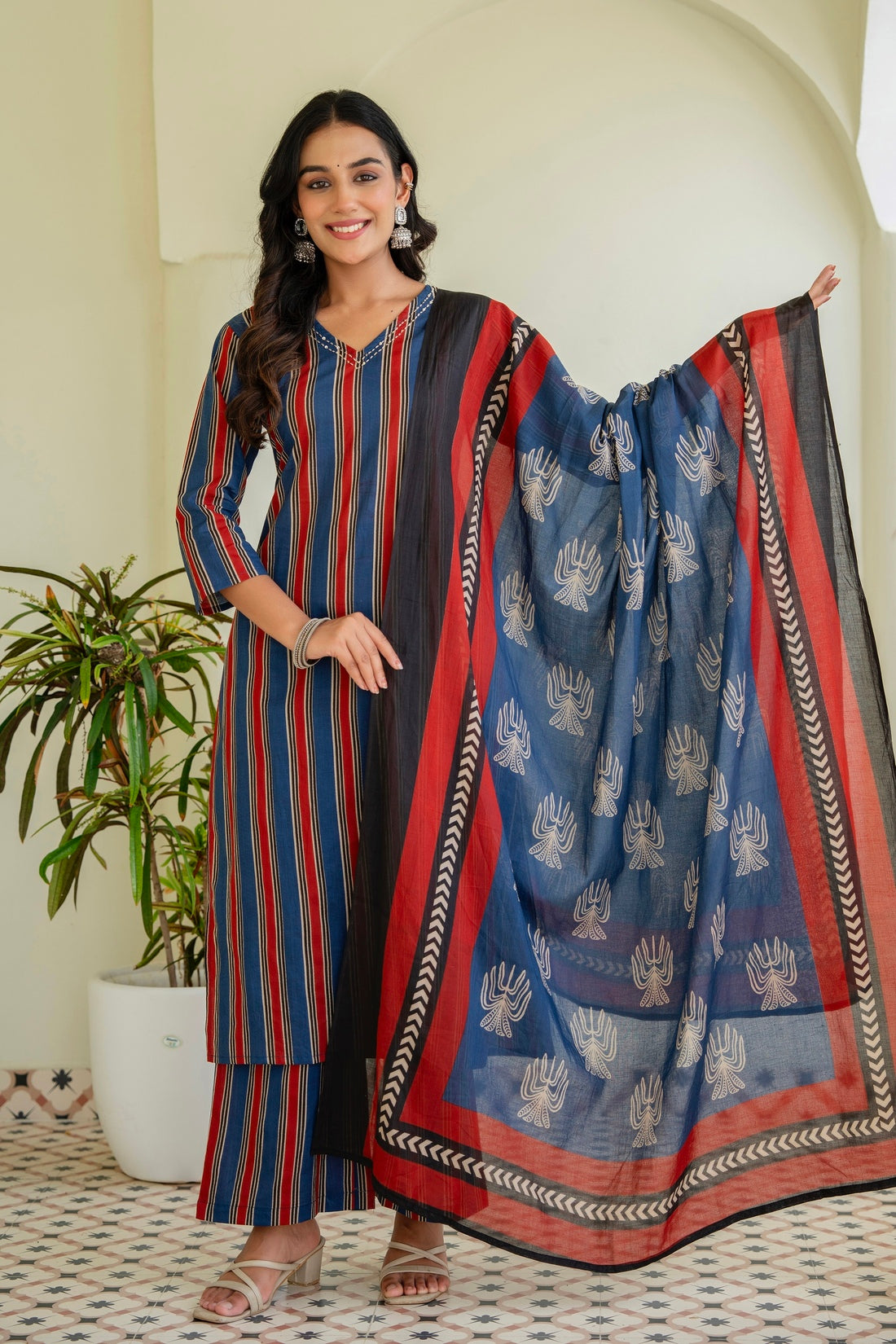 Blue and Red Stripes Kurta Set with Palazzos and Dupatta