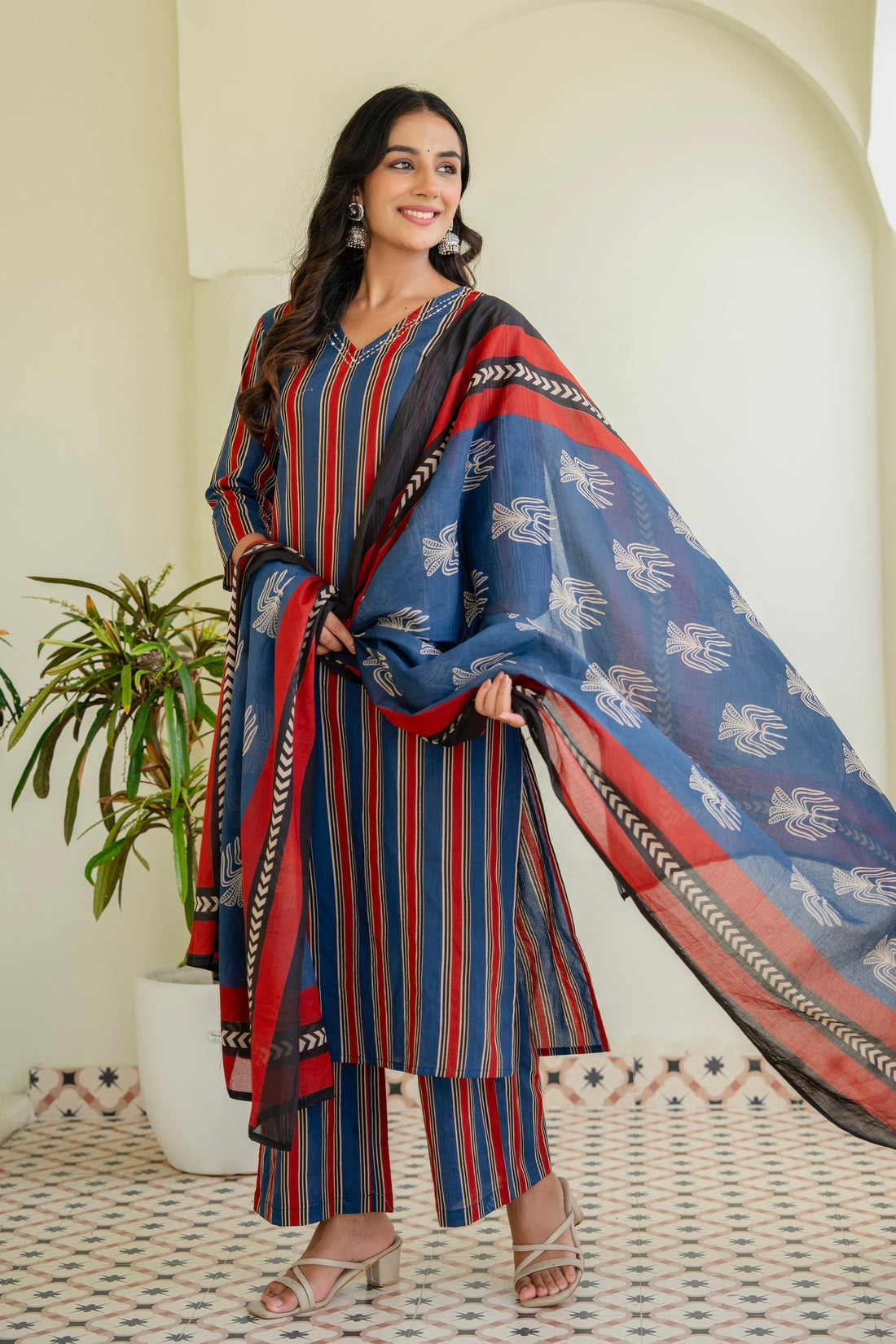 Blue and Red Stripes Kurta Set with Palazzos and Dupatta