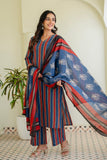 Blue and Red Stripes Kurta Set with Palazzos and Dupatta