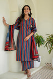 Blue and Red Stripes Kurta Set with Palazzos and Dupatta