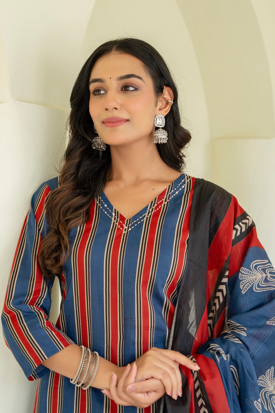 Blue and Red Stripes Kurta Set with Palazzos and Dupatta