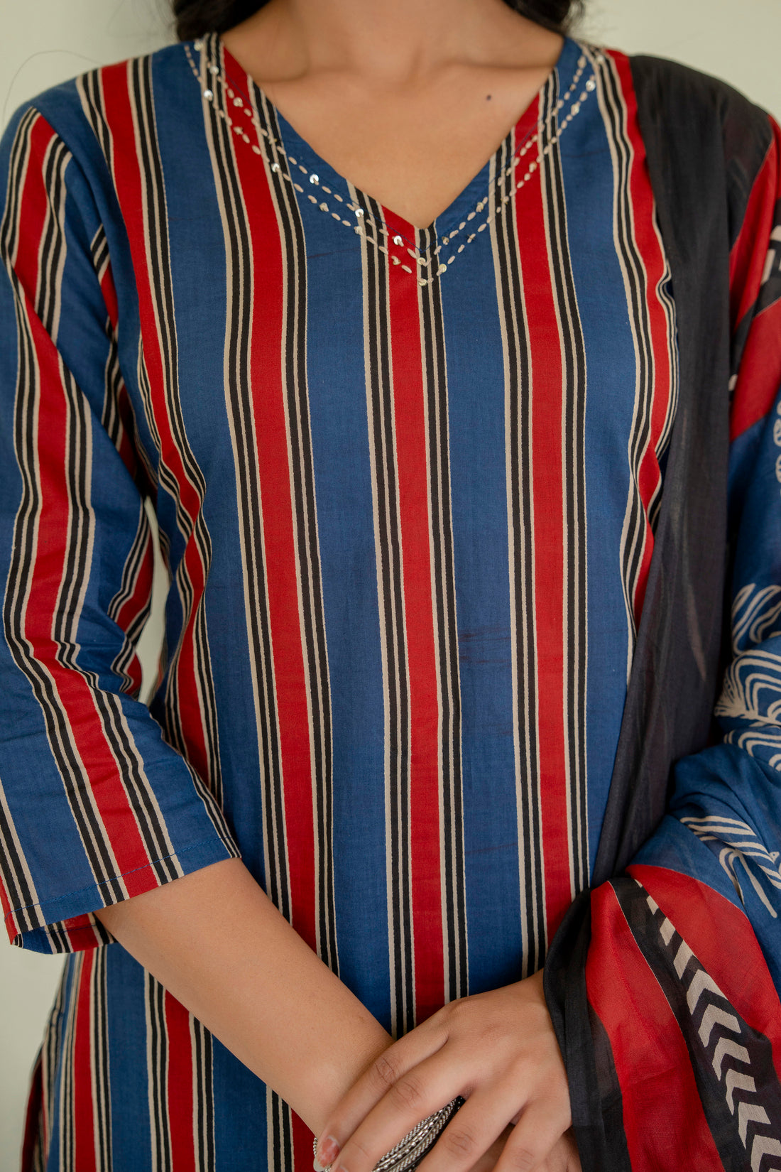 Blue and Red Stripes Kurta Set with Palazzos and Dupatta