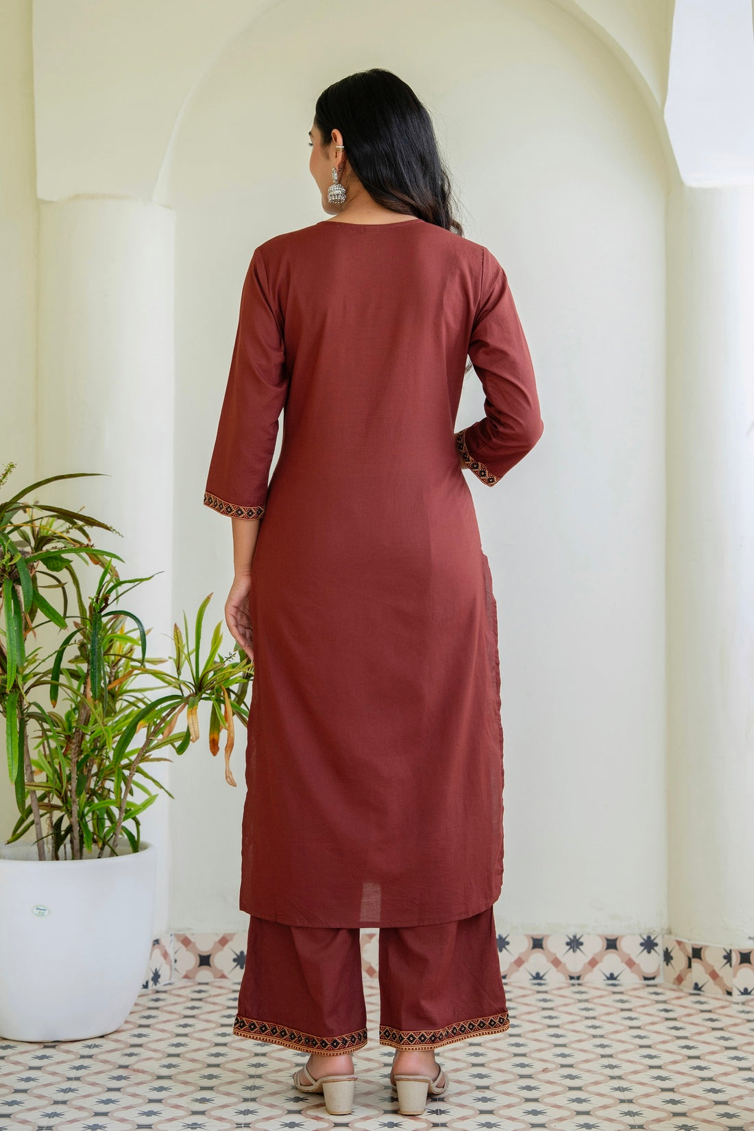Rust Solid Kurta Set with Yoke Design with Palazzos and Printed Dupatta