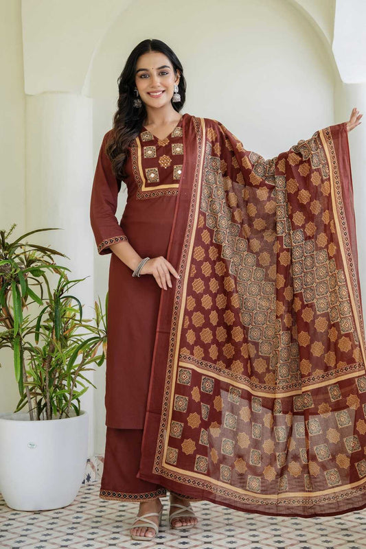 Rust Solid Kurta Set with Yoke Design with Palazzos and Printed Dupatta