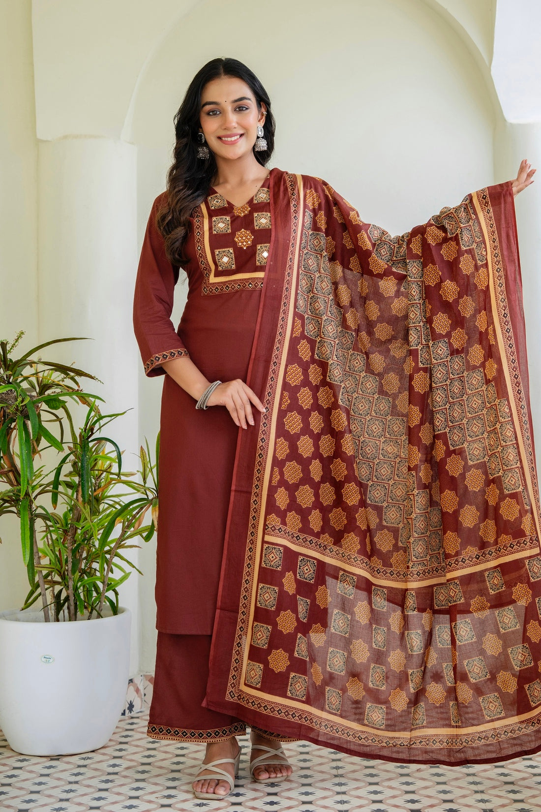 Rust Solid Kurta Set with Yoke Design with Palazzos and Printed Dupatta