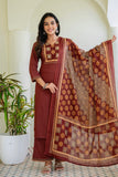 Rust Solid Kurta Set with Yoke Design with Palazzos and Printed Dupatta