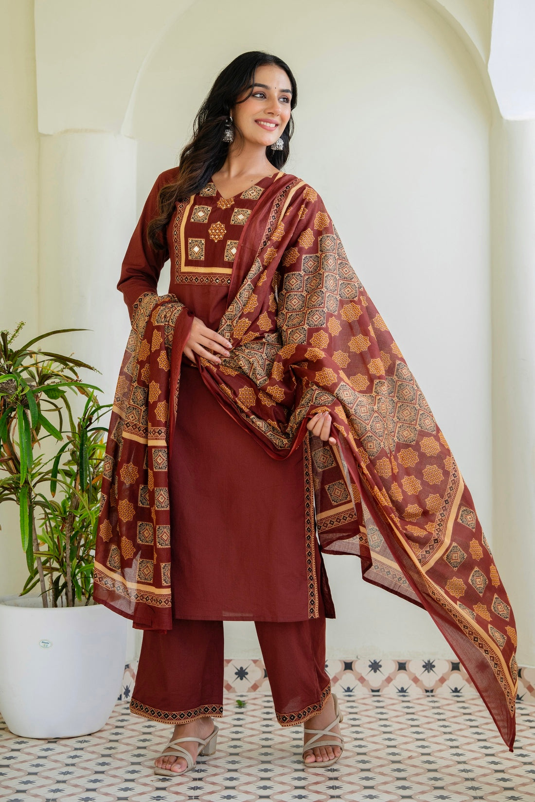 Rust Solid Kurta Set with Yoke Design with Palazzos and Printed Dupatta