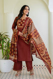 Rust Solid Kurta Set with Yoke Design with Palazzos and Printed Dupatta