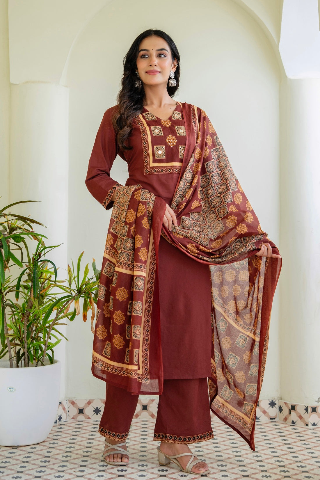 Rust Solid Kurta Set with Yoke Design with Palazzos and Printed Dupatta
