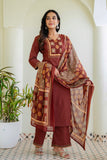 Rust Solid Kurta Set with Yoke Design with Palazzos and Printed Dupatta