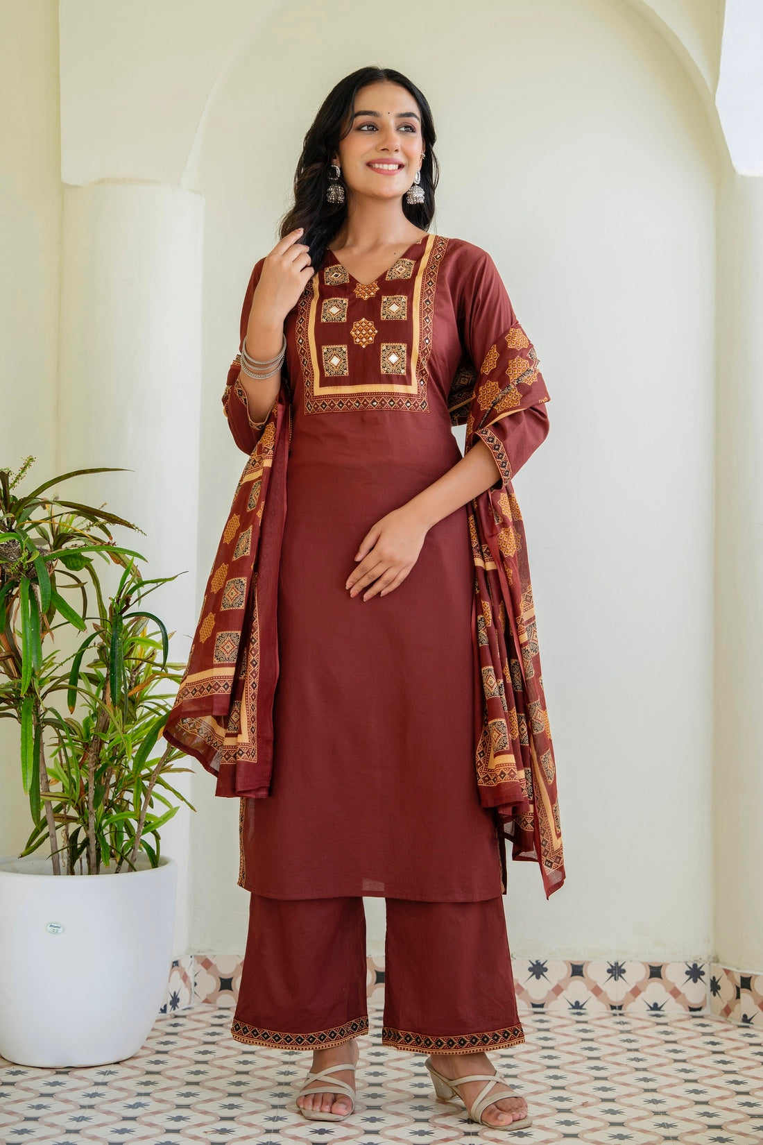 Rust Solid Kurta Set with Yoke Design with Palazzos and Printed Dupatta