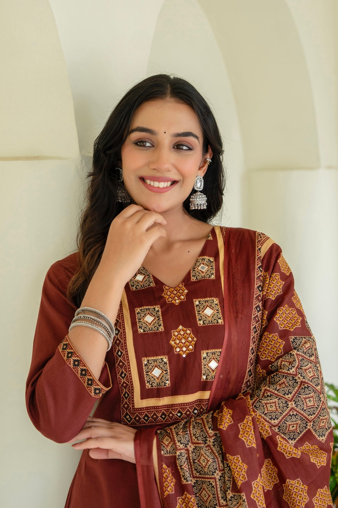 Rust Solid Kurta Set with Yoke Design with Palazzos and Printed Dupatta