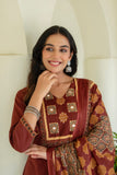 Rust Solid Kurta Set with Yoke Design with Palazzos and Printed Dupatta
