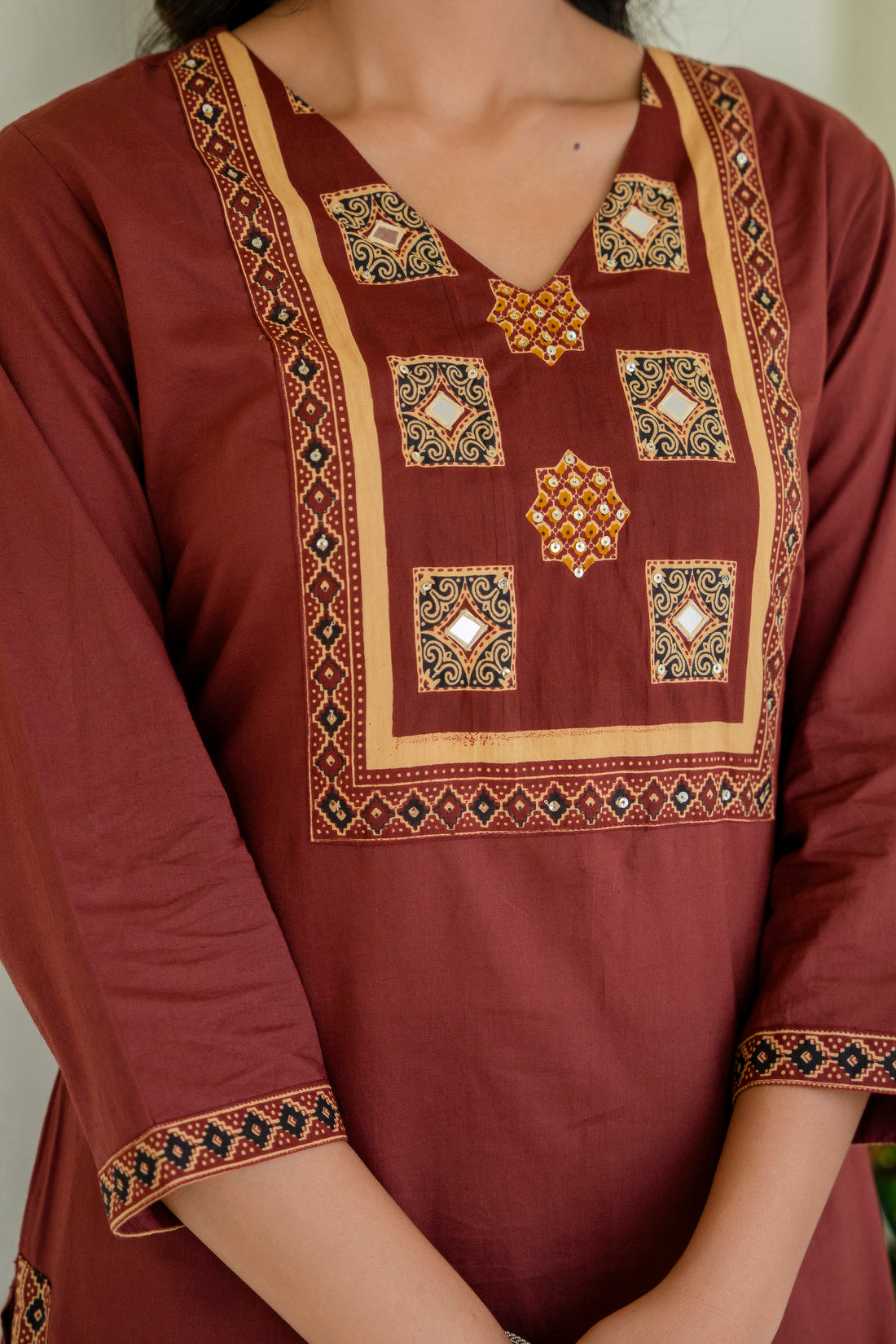 Rust Solid Kurta Set with Yoke Design with Palazzos and Printed Dupatta