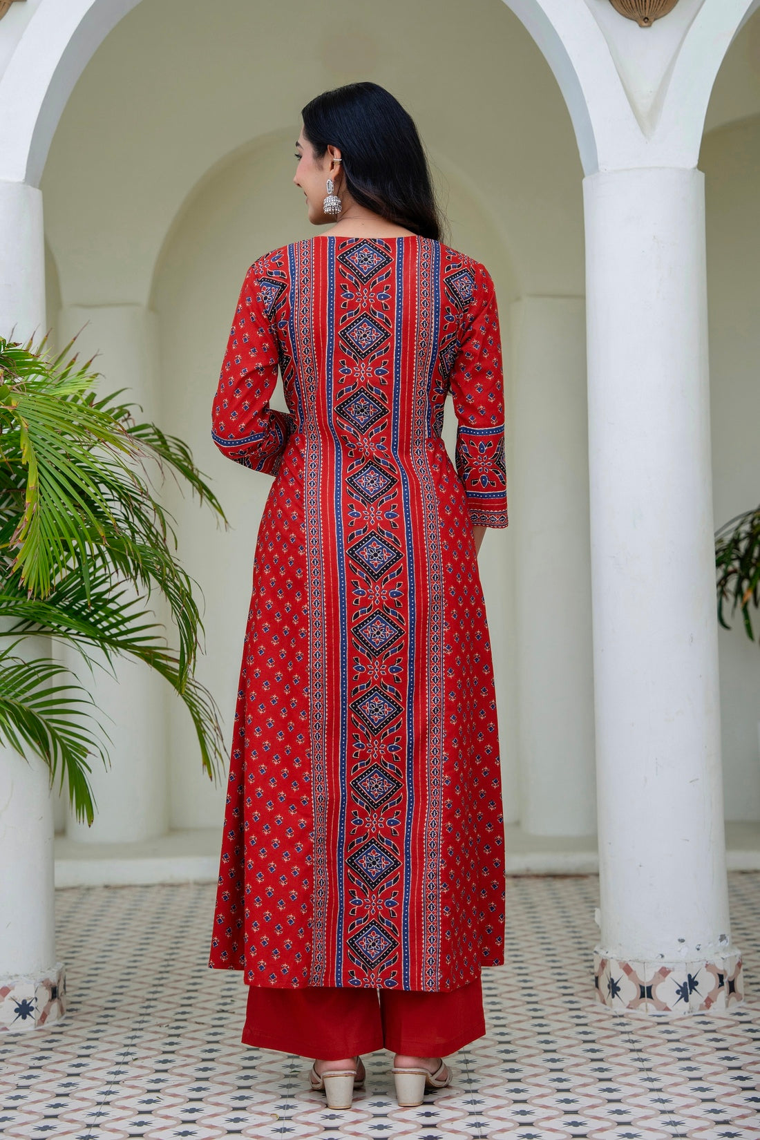 Red Ajrakh Printed Cotton Anarkali Suit set with Palazzos and Dupatta