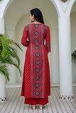 Red Ajrakh Printed Cotton Anarkali Suit set with Palazzos and Dupatta