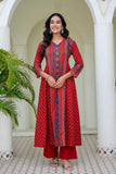 Red Ajrakh Printed Cotton Anarkali Suit set with Palazzos and Dupatta