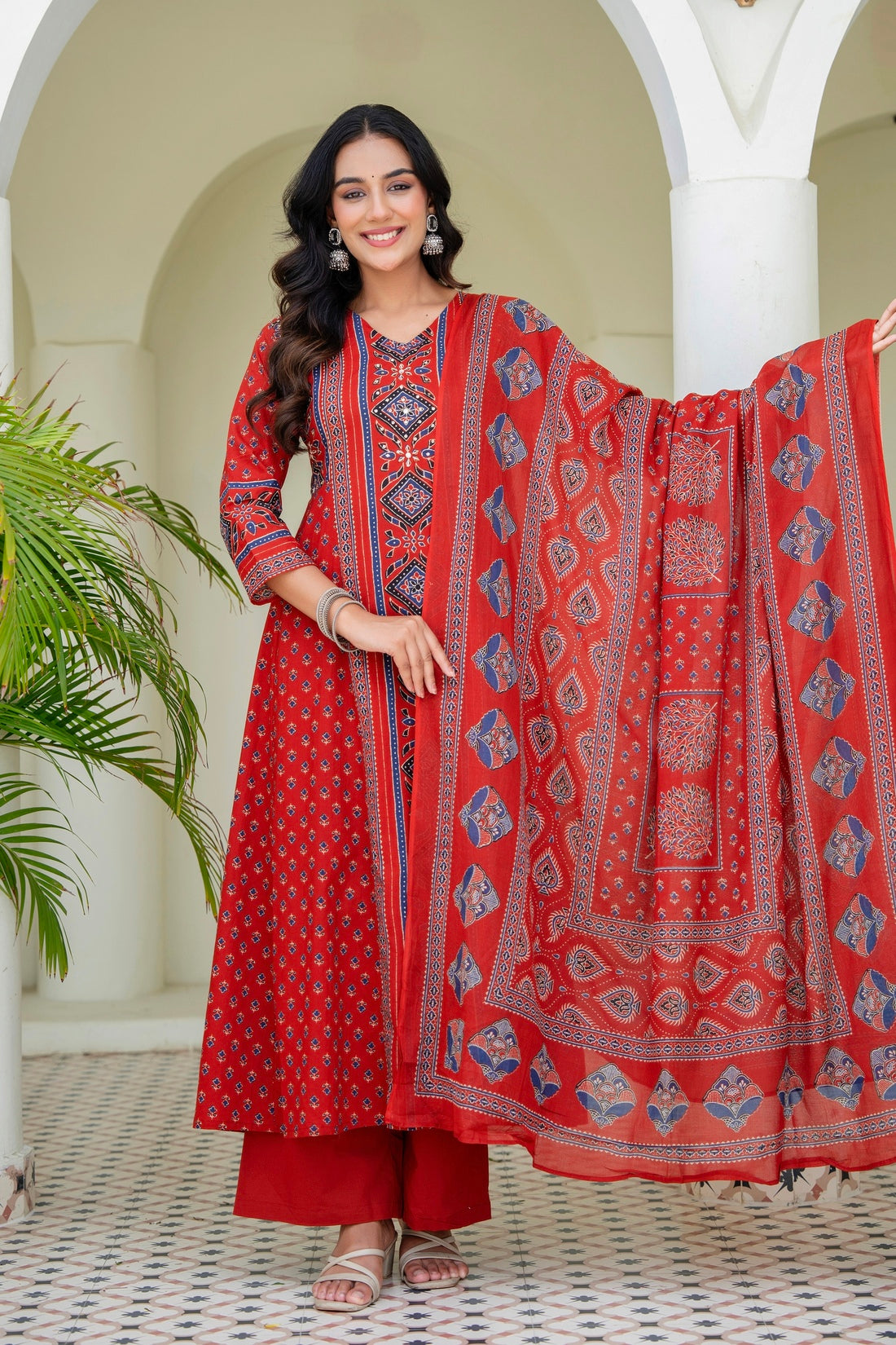 Red Ajrakh Printed Cotton Anarkali Suit set with Palazzos and Dupatta