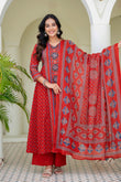 Red Ajrakh Printed Cotton Anarkali Suit set with Palazzos and Dupatta