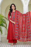Red Ajrakh Printed Cotton Anarkali Suit set with Palazzos and Dupatta