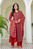 Red Ajrakh Printed Cotton Anarkali Suit set with Palazzos and Dupatta