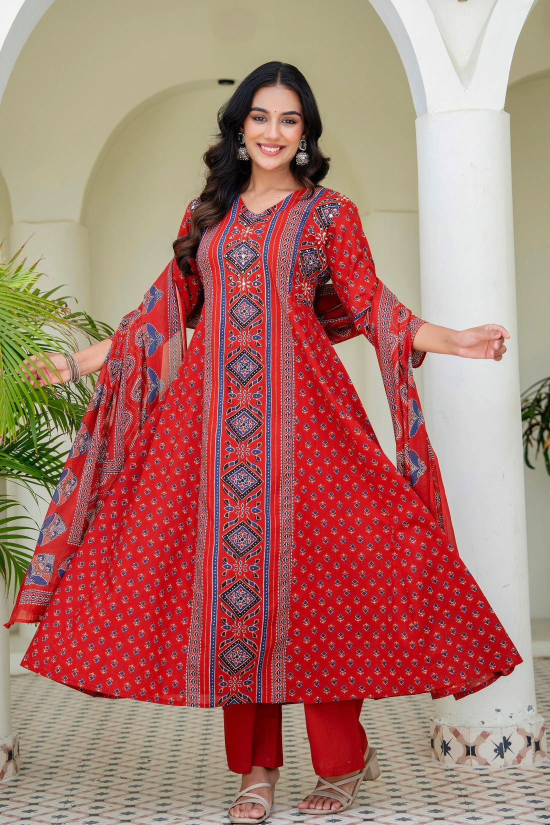 Red Ajrakh Printed Cotton Anarkali Suit set with Palazzos and Dupatta