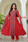 Red Ajrakh Printed Cotton Anarkali Suit set with Palazzos and Dupatta