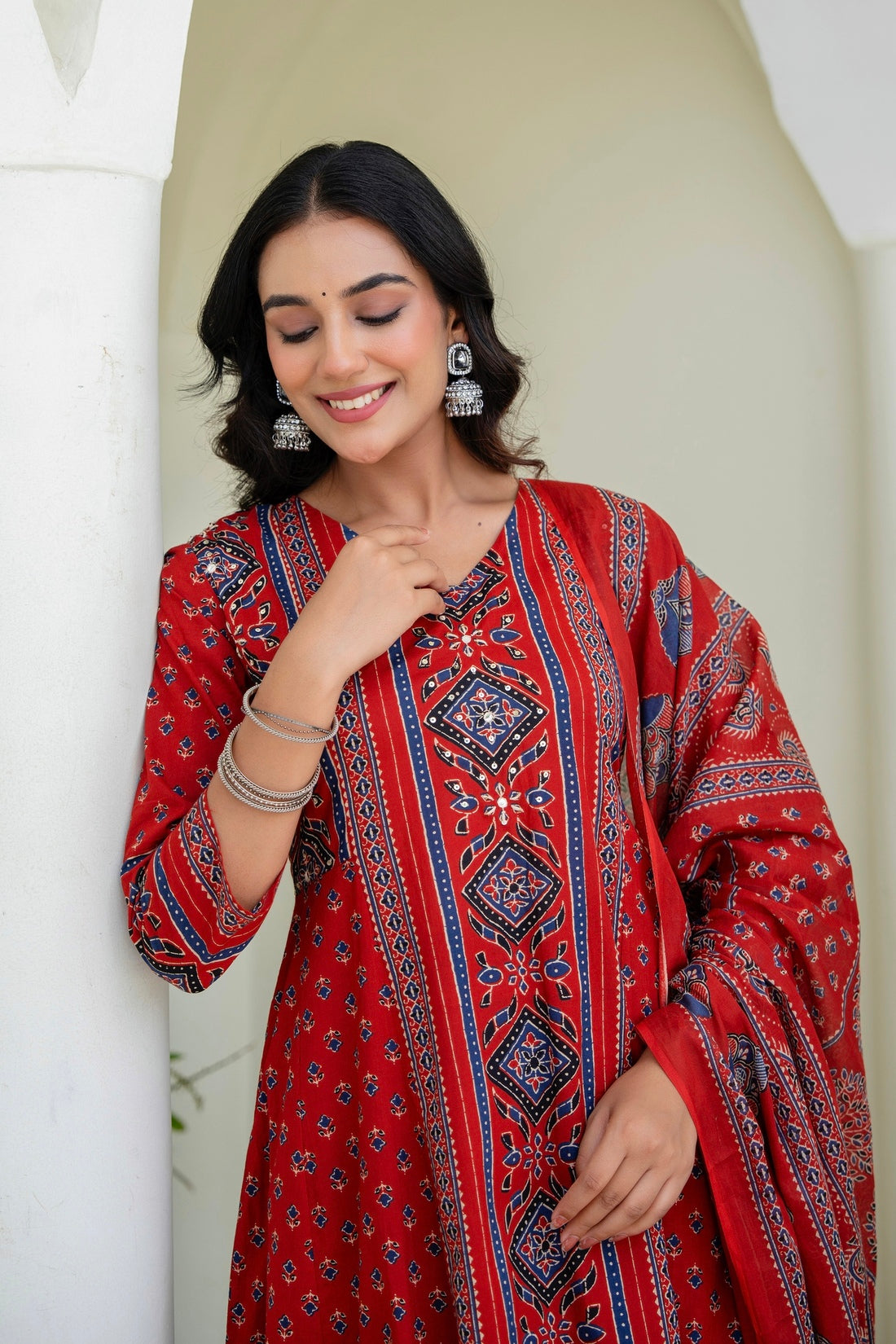 Red Ajrakh Printed Cotton Anarkali Suit set with Palazzos and Dupatta