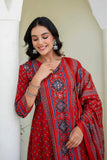 Red Ajrakh Printed Cotton Anarkali Suit set with Palazzos and Dupatta